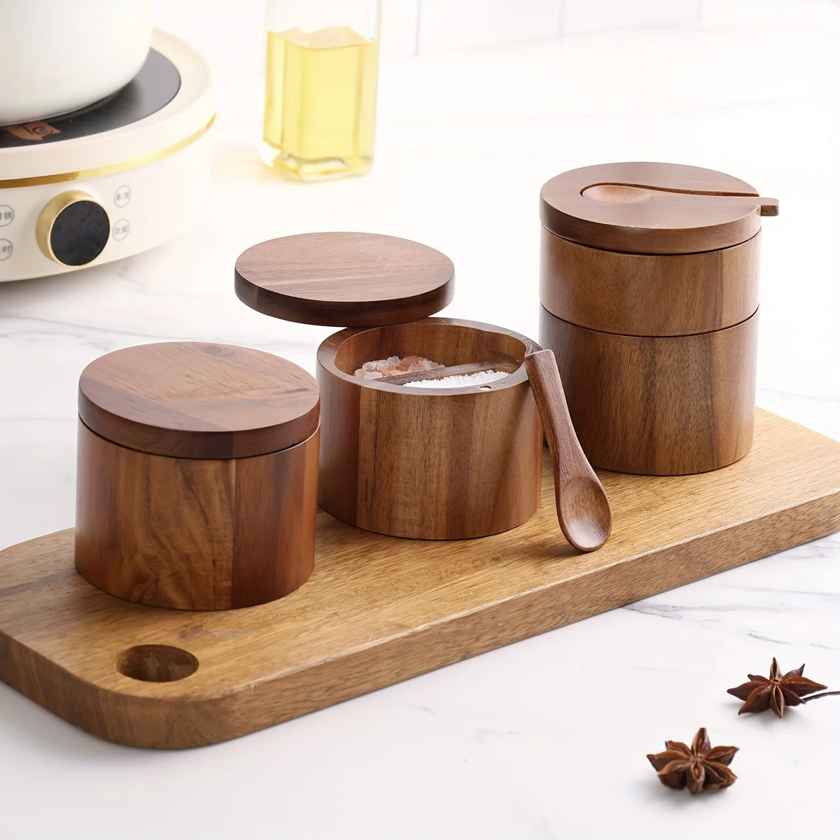 Herb Keeper Bottle - Akasya Ahşap Tuzluk Kaşıklı Masif Ahşap
